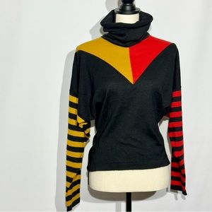 Vintage Dorothee Bis Black Red Yellow Turtle Neck Dolman Sweater Made in France